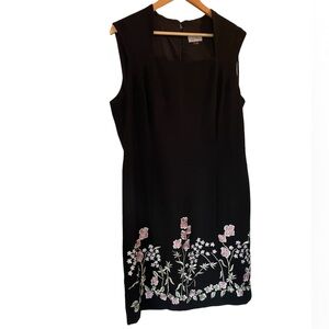 TAHARI ASL Black Floral Trim Dress Sleeveless Square Neck - Size 16